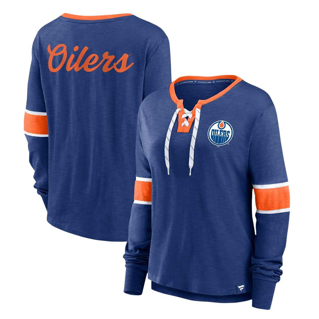 Fanatics - T-shirt à manches longues et lacets pour femme des Oilers d'Edmonton (3ZCD 893N 2GI 3NB)