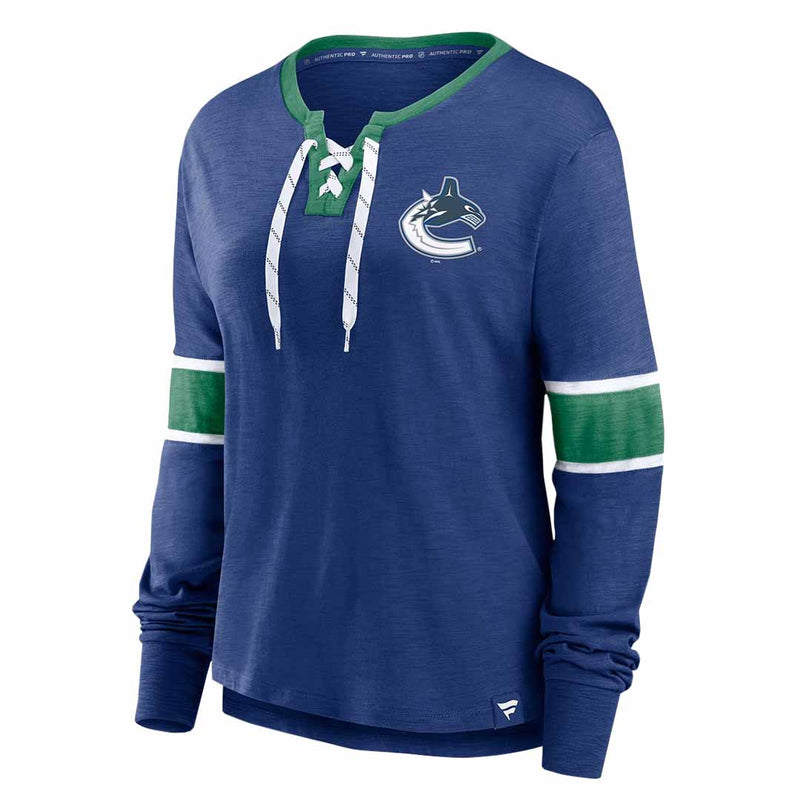 Fanatics - T-shirt à manches longues et lacets pour femme des Canucks de Vancouver (3ZCD 894N 2GF 3NB)