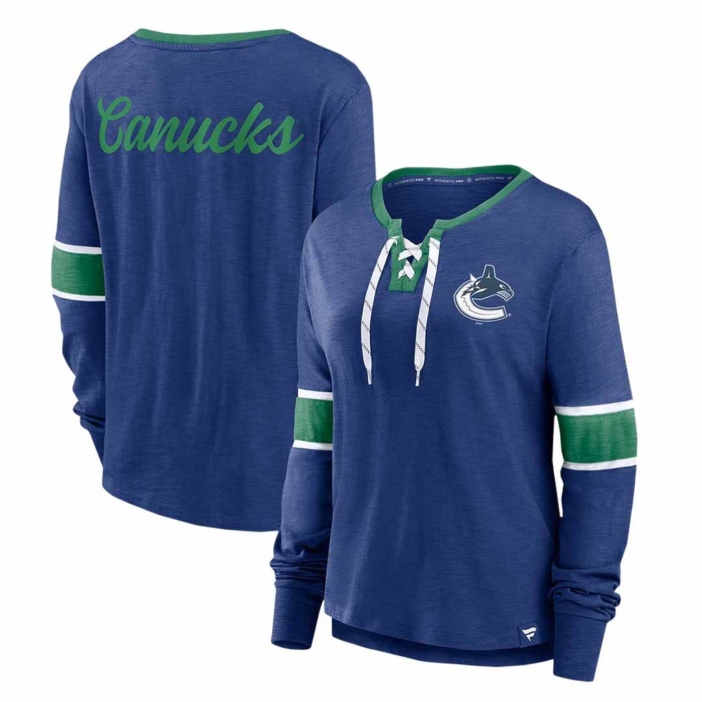 Fanatics - T-shirt à manches longues et lacets pour femme des Canucks de Vancouver (3ZCD 894N 2GF 3NB)